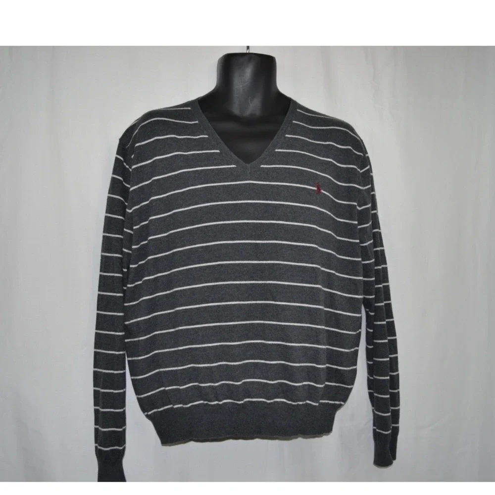 Polo Ralph Lauren Lightweight V Neck Sweater Pima Cotton Gray Striped Mens L‎
